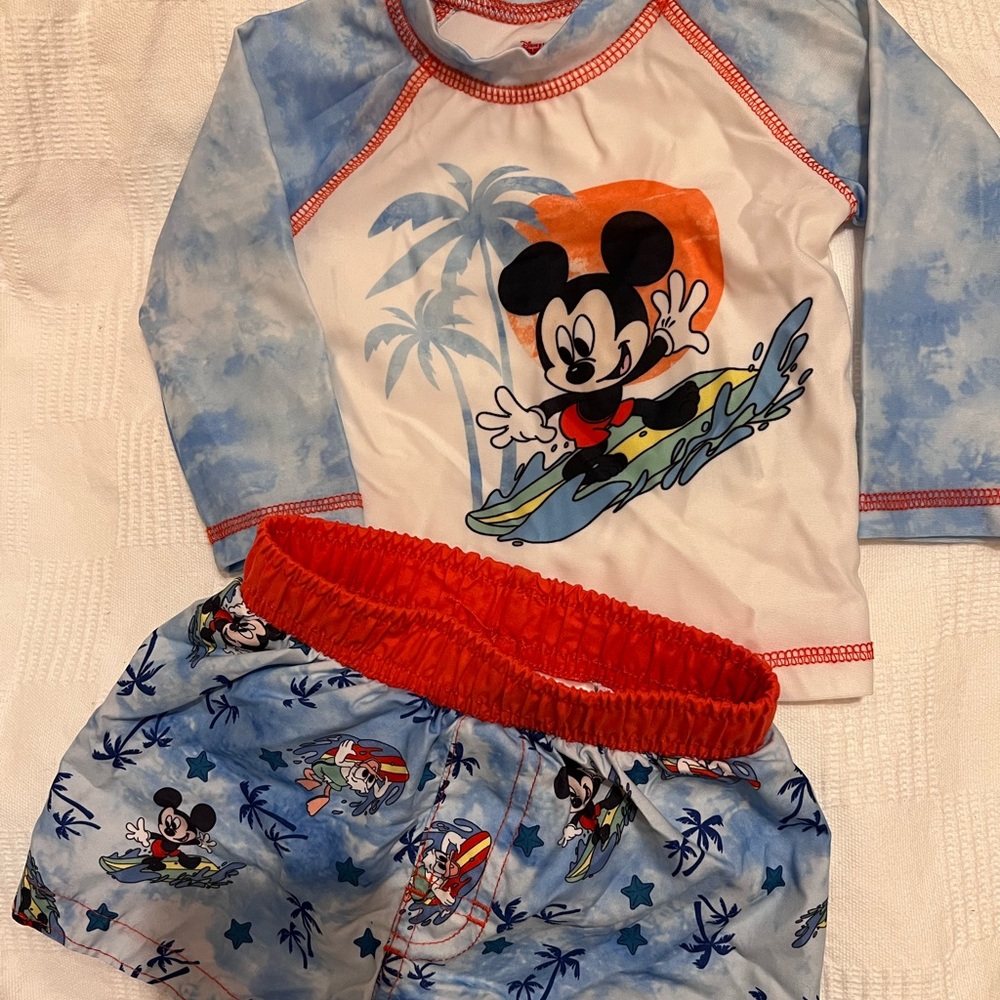 NWOT Disney Mickey Mouse Swimming Trunks and Rashguard  3-6M